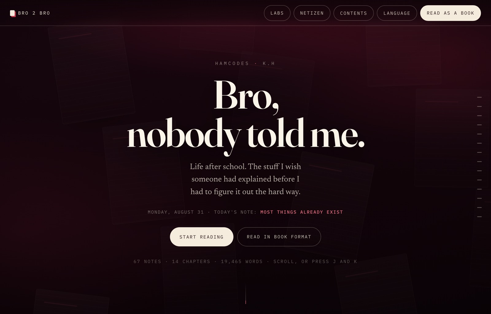 The Bro 2 Bro notes site, notes drifting on a dark maroon background